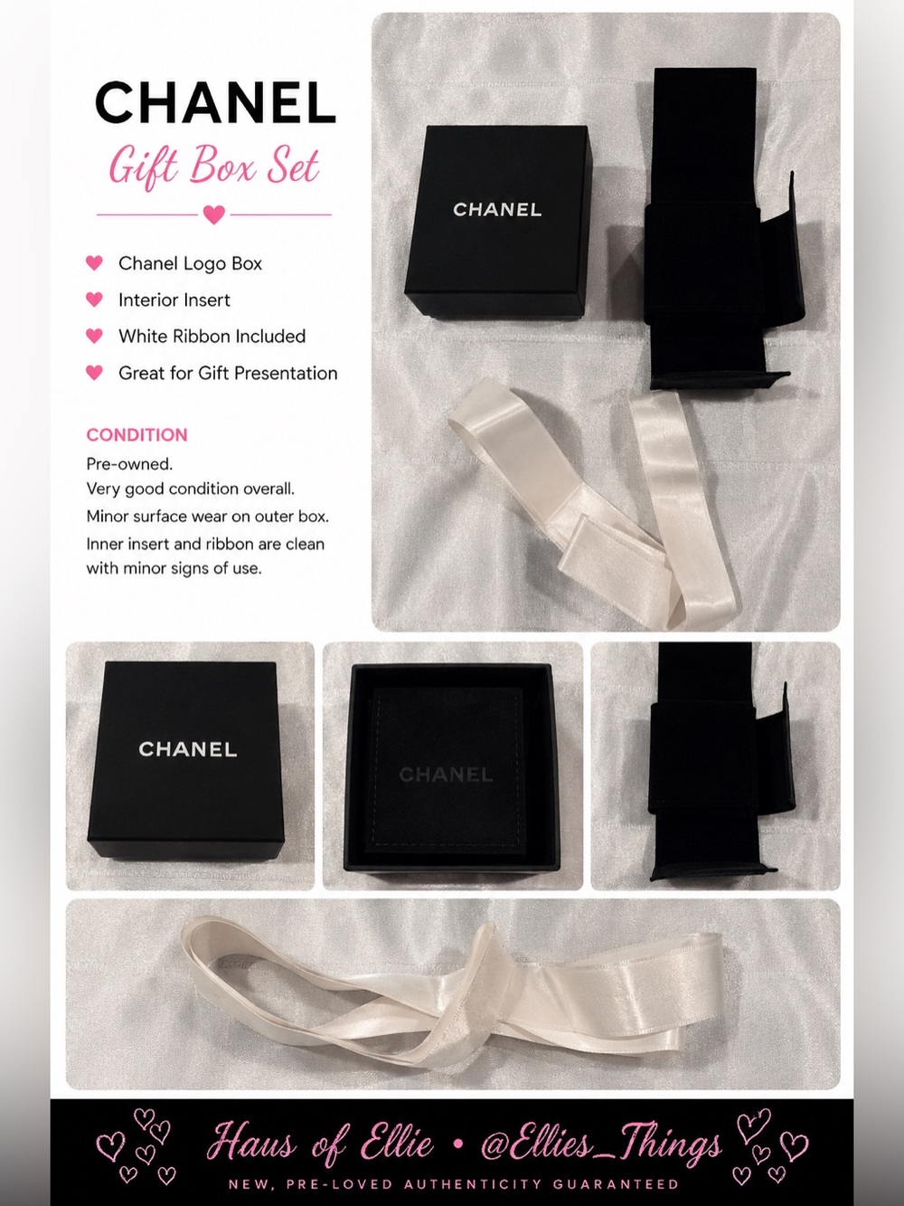 Chanel Empty Gift Box Set Black Logo Box Insert & White Ribbon
